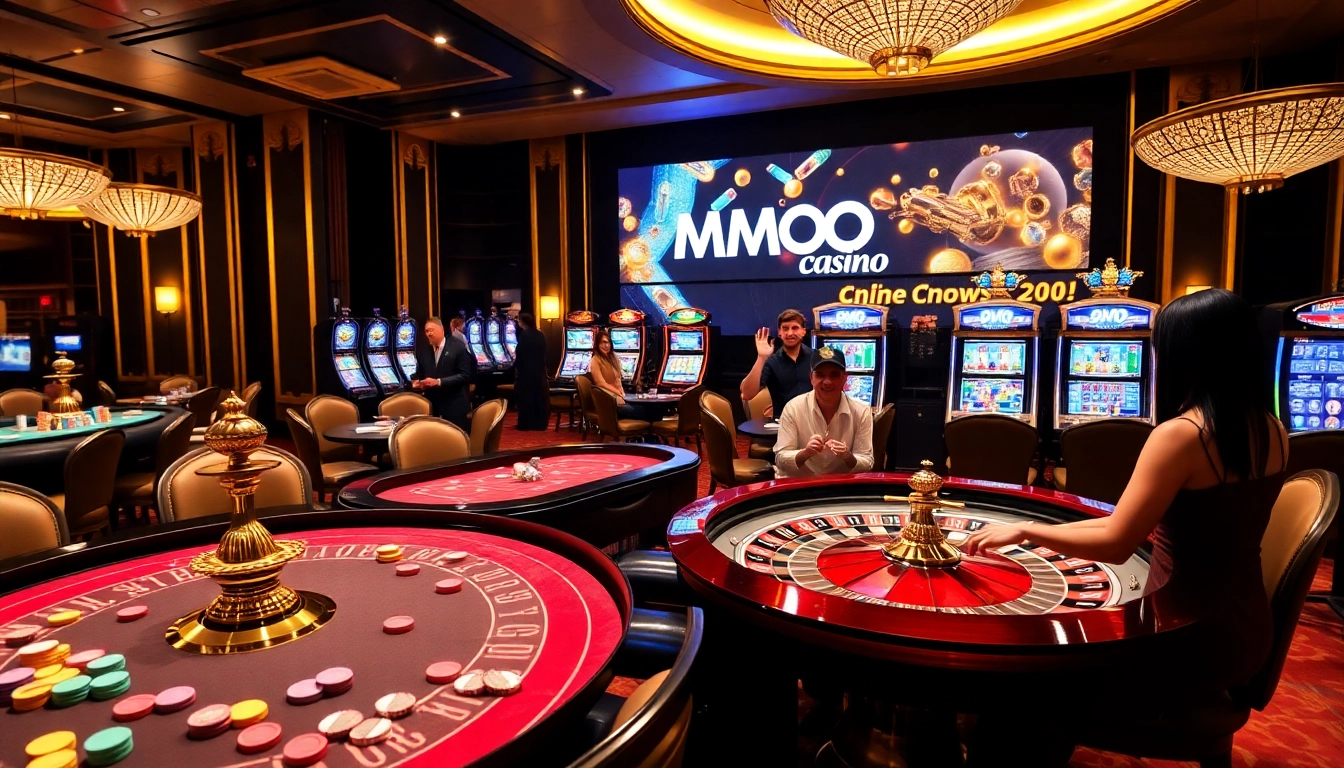 Players enjoying high-stakes games at MMOO casino with vibrant tables and slot machines.