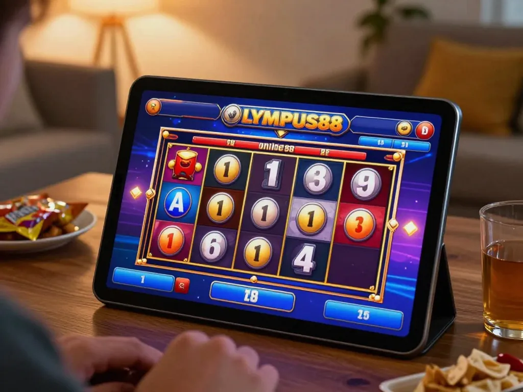 OLYMPUS88 player enjoying spinning reels in a cozy home gaming setup, showcasing the excitement of online slots.