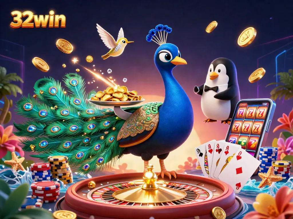 Experience the excitement of 32win with vibrant casino characters and golden chips in this dazzling scene.