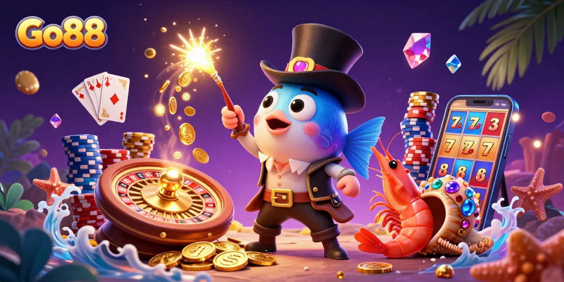 Go88's thrilling gaming adventure features a glowing anglerfish, coins, and exciting casino elements.