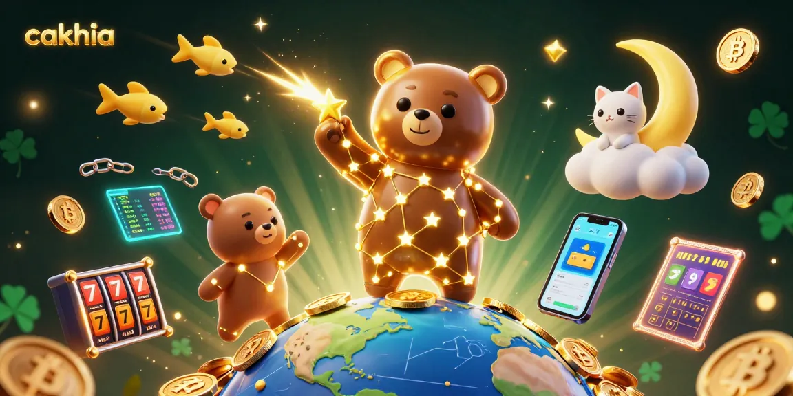 Experience thrilling gameplay with cakhia and vibrant casino elements, featuring a 3D bear and crypto icons.