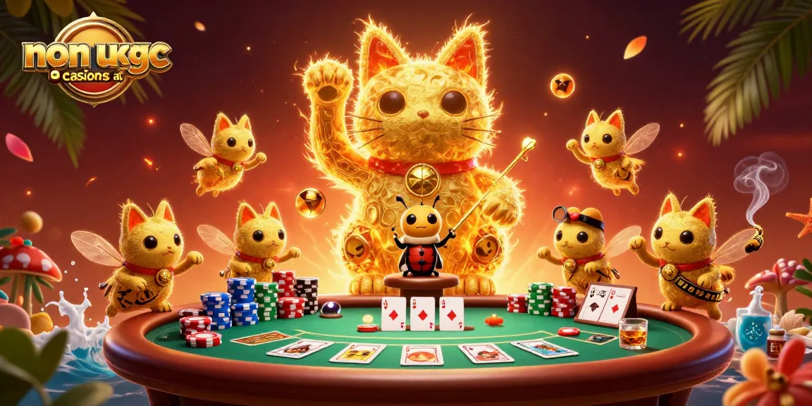 A vibrant scene depicting non ukgc casinos at cocomaya featuring a lucky cat and poker elements in a rich 3D illustration.