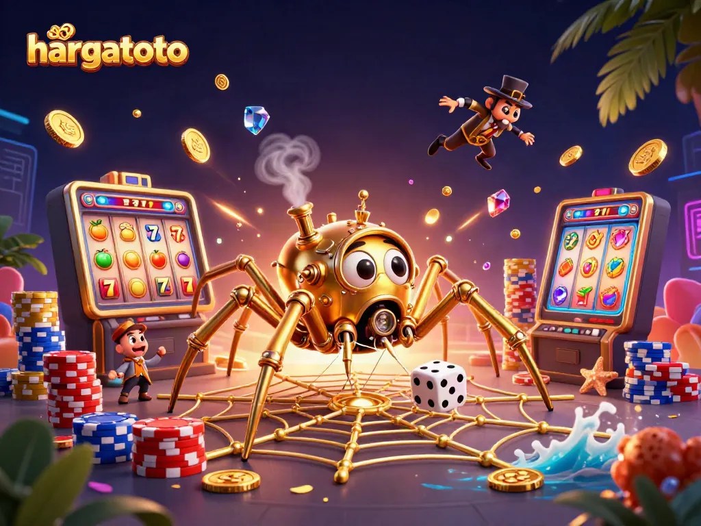 Join hargatoto as vibrant slot games, golden elements, and a whimsical spider entice players to win!
