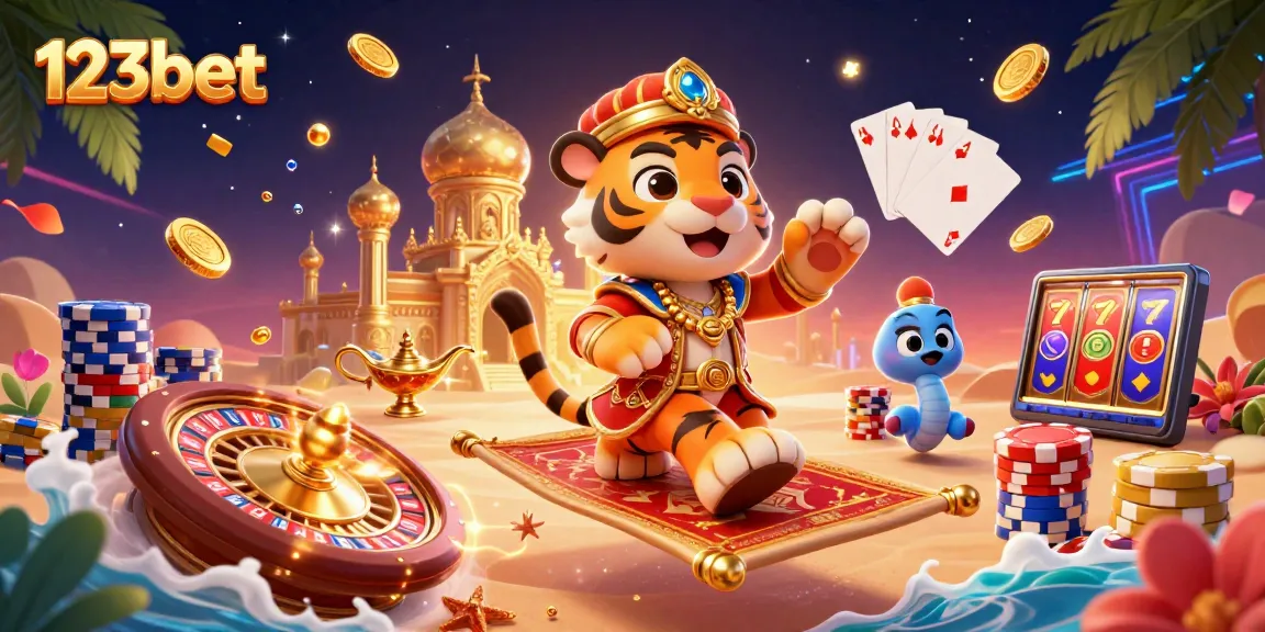 Experience thrilling gaming at 123bet with a vibrant casino illustration showcasing exciting gambling elements.