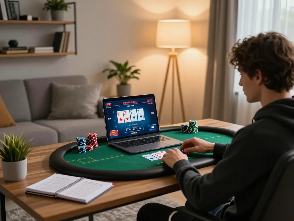 Engaging online poker gameplay featuring ok 8386 in a cozy home setup with strategic notes.