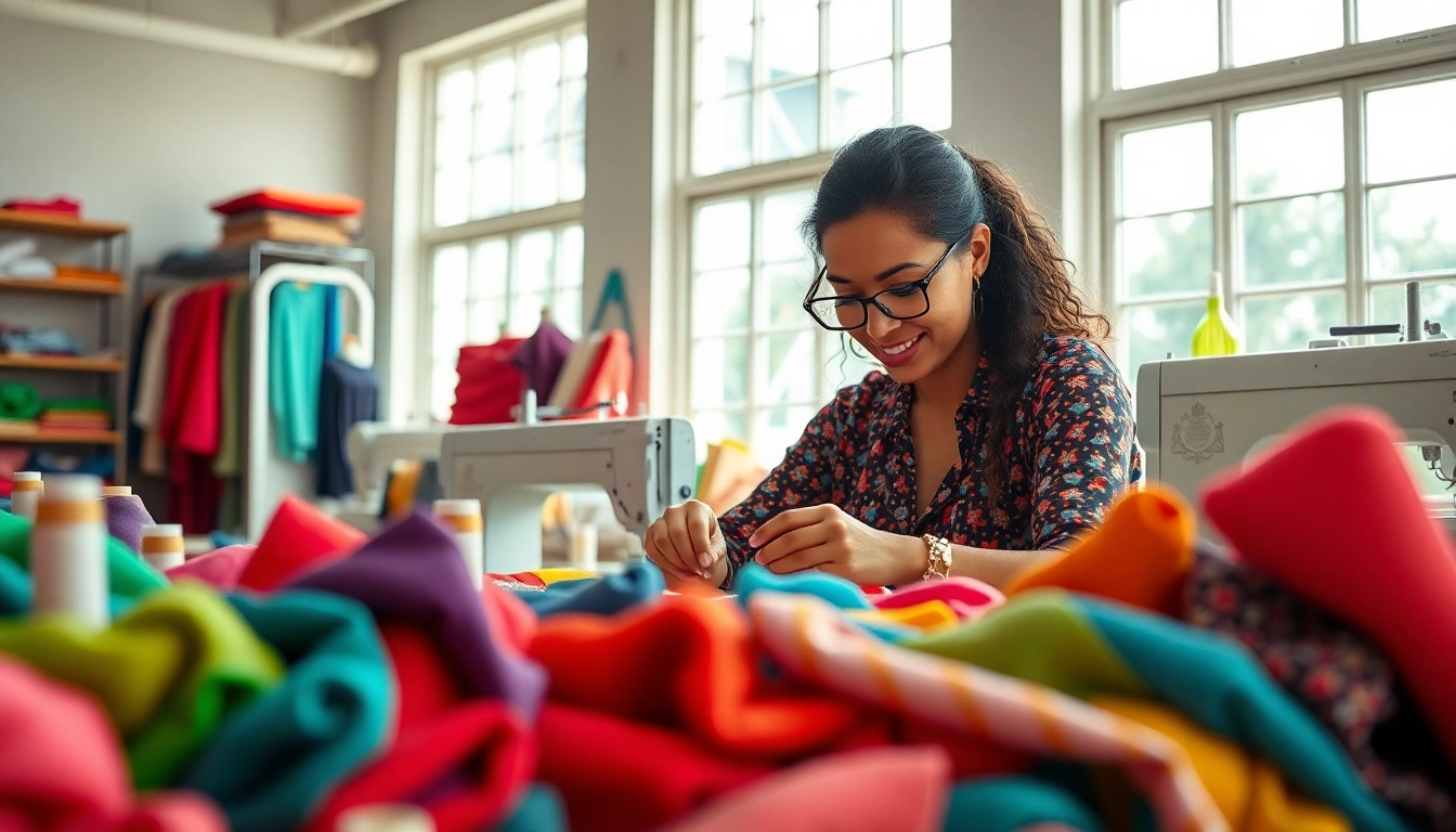 Stoffen voor kleding maken in een creatieve werkplaats met kleurrijke stoffen.