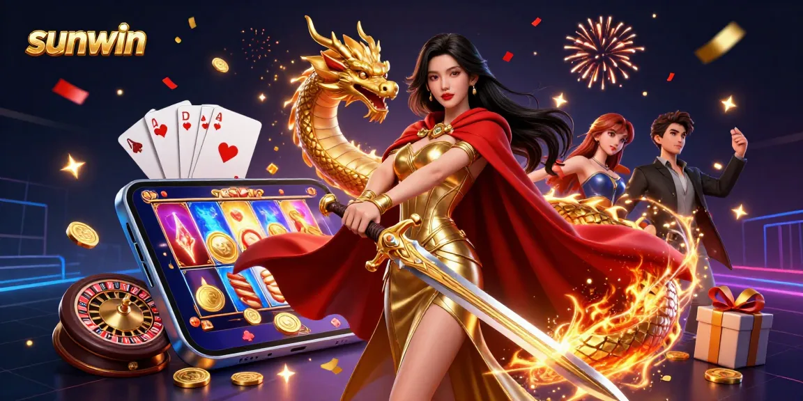 Experience the thrill at Sunwin with immersive slot games and gold coins in a vibrant casino scene.