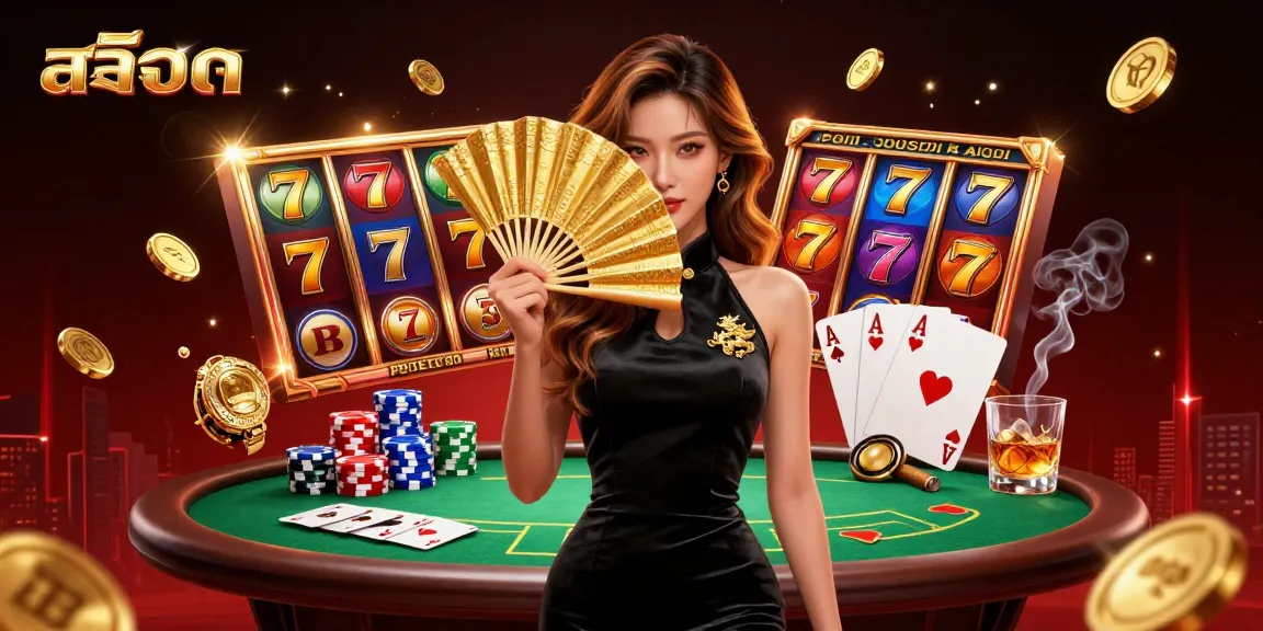 Engage with สล็อต in a vibrant 3D casino scene featuring colorful slot machines and poker elements.