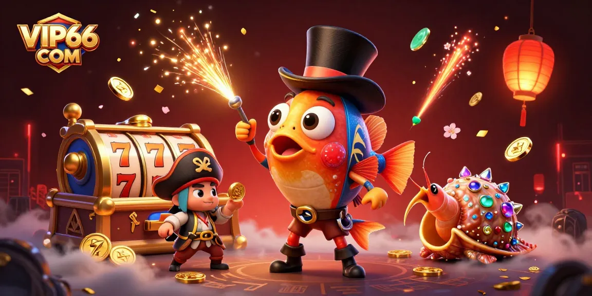 VIP66 COM showcases a dynamic 3D scene with a deep-sea anglerfish attracting golden coins alongside adventurous characters in an online casino.