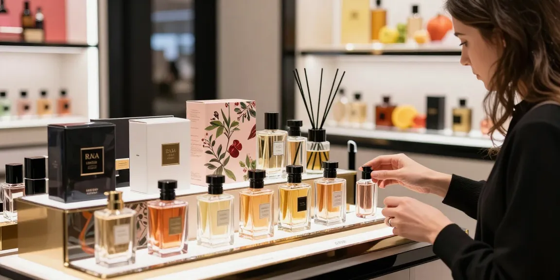 Raza for greatness featured perfumes in an elegant retail display showcasing affordable luxury scents.