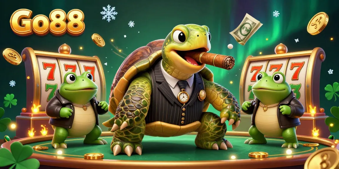 Go88 showcases an exciting 3D illustration featuring a turtle in a casino environment, surrounded by dynamic gaming elements.