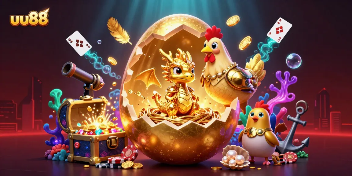 Experience thrilling action at uu88's casino with a golden dragon guarding poker chips and treasure.