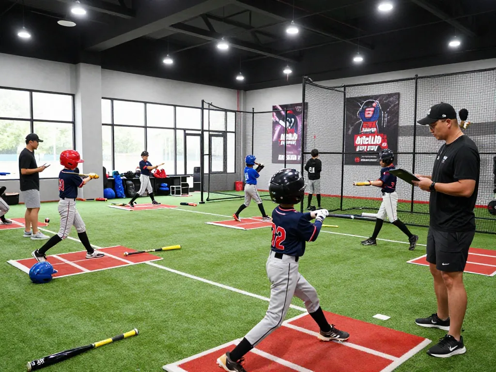 Young athletes practicing at hitclub's modern batting cages, showcasing training techniques and teamwork in a vibrant sports setting.