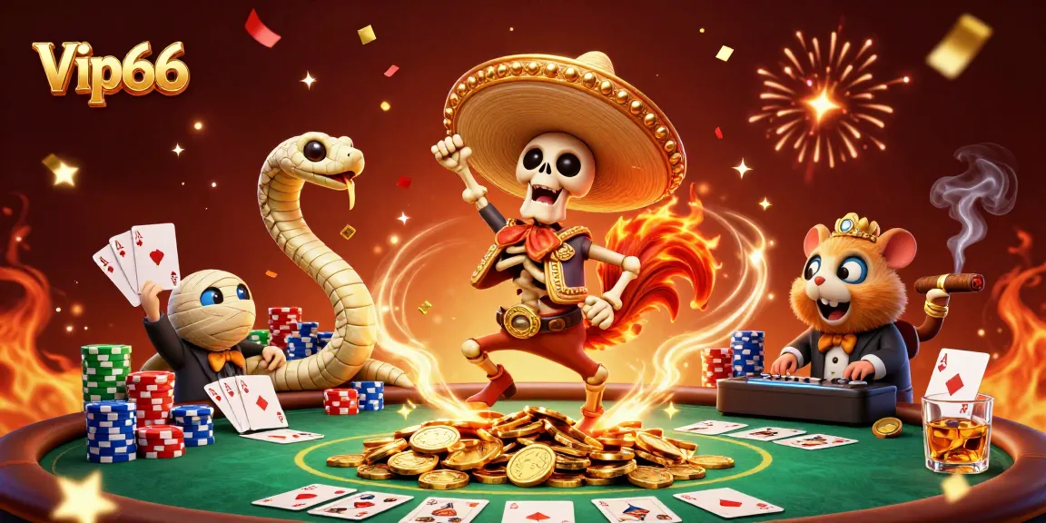 Join the celebration at Vip66 with a lively 3D illustration of a dancing mariachi rooster, festive elements, and poker action.