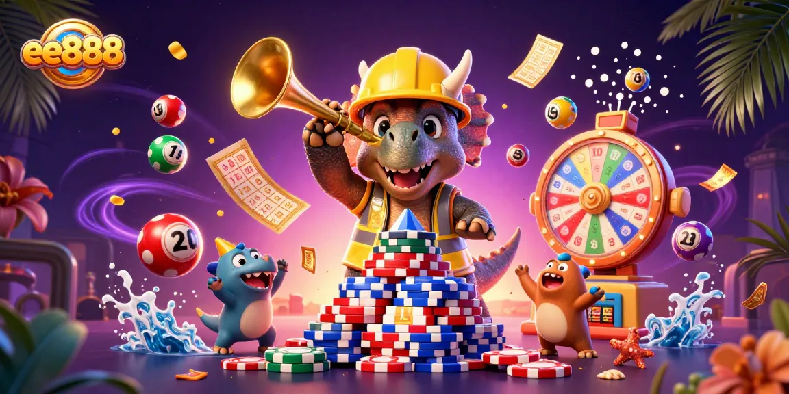 ee888 celebrates a casino-themed scene with characters building poker chip pyramids amid vibrant lottery elements.