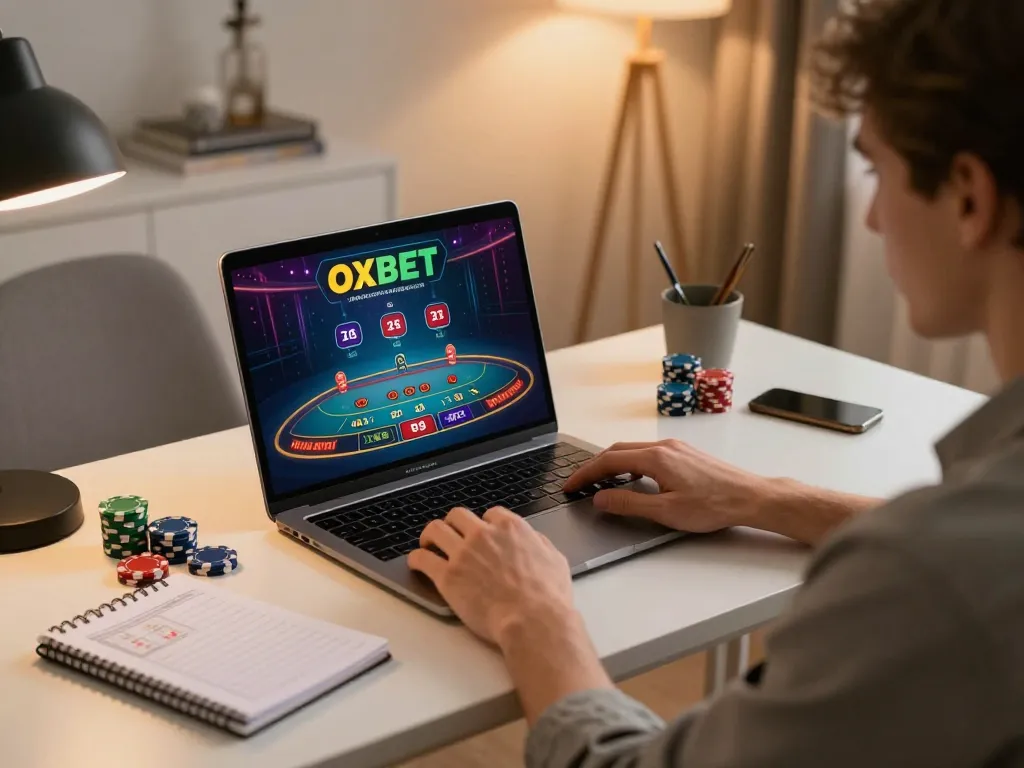 Player strategically engaging in an OXBET blackjack game at home, reflecting exciting online gambling.