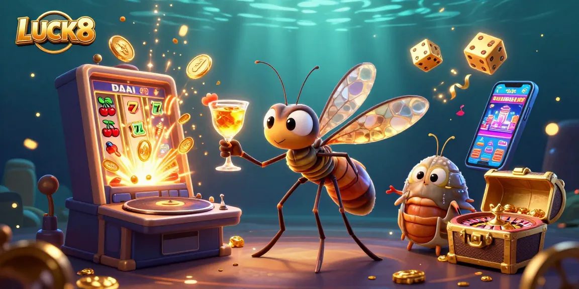 LUCK8 captivates with a vibrant casino scene featuring a mosquito mascot and dynamic game elements.