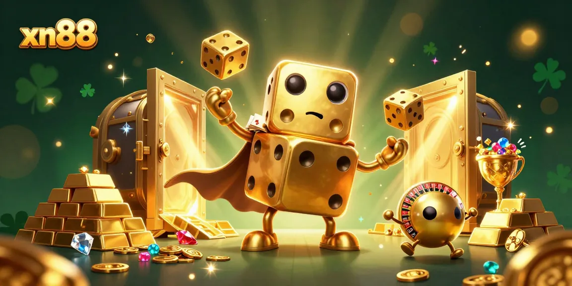 Experience xn88's thrilling atmosphere with a golden dice golem amidst shimmering treasures.