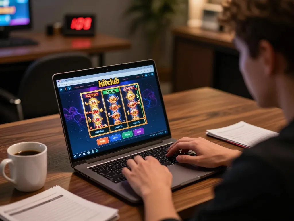 A player engaged with hitclub online casino while using a laptop at home, focused on vibrant slot game graphics.