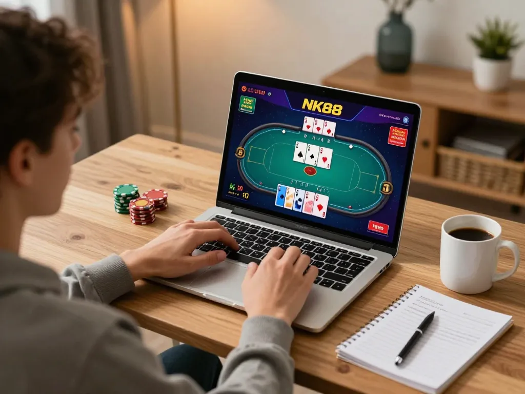 Engaged player enjoying NK88 Casino poker online with strategy notes and warm ambiance