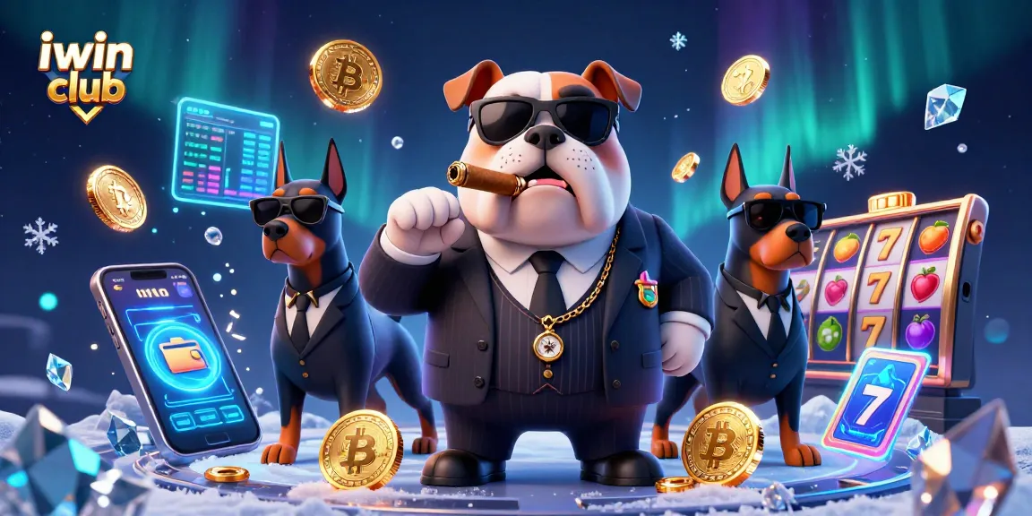 Engage in iwin club action with a mafia boss bulldog and glowing crypto elements.