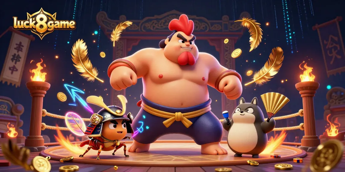 Engage with luck8-game through a thrilling 3D cartoon scene of a sumo rooster and samurai cricket.