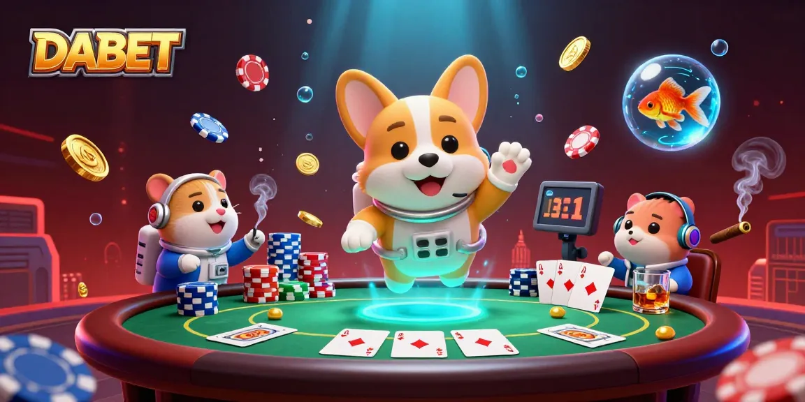 DABET offers casino thrill with floating poker chips and vibrant gameplay in a cosmic setting.