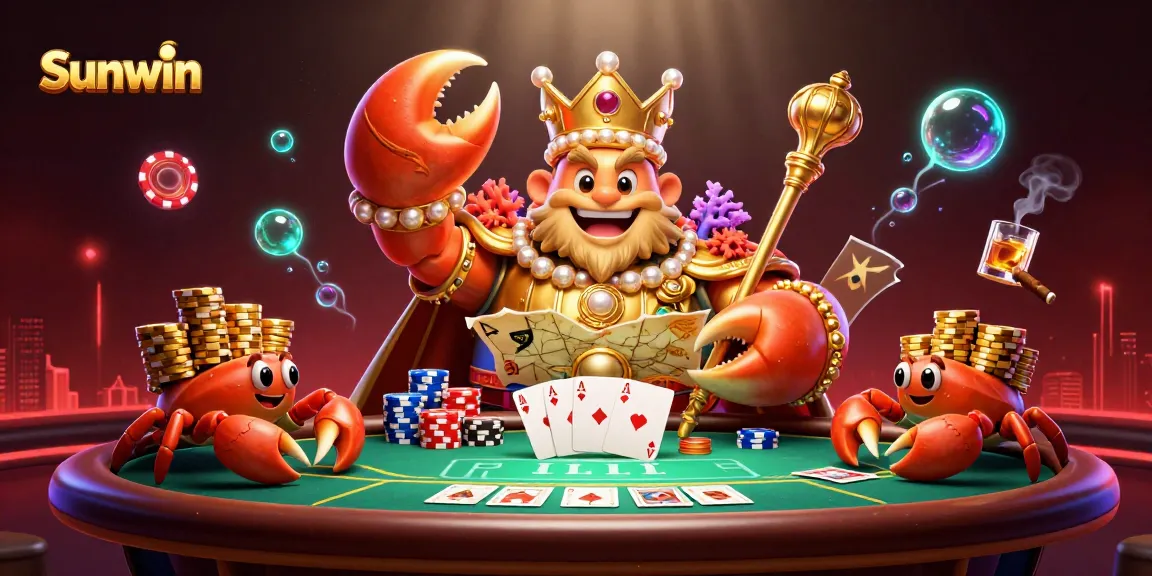 Sunwin's majestic golden crab emperor leads a vibrant poker scene, showcasing thrilling gaming excitement.