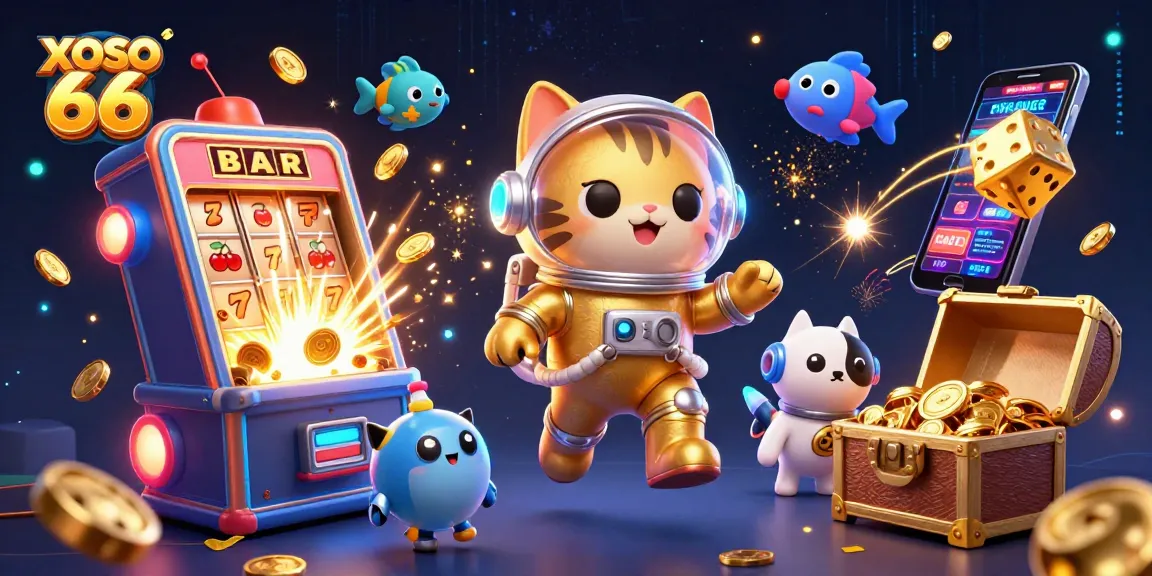 Experience excitement with XOSO 66 as a cat astronaut and robot dog explore a vibrant, cosmic casino scene.