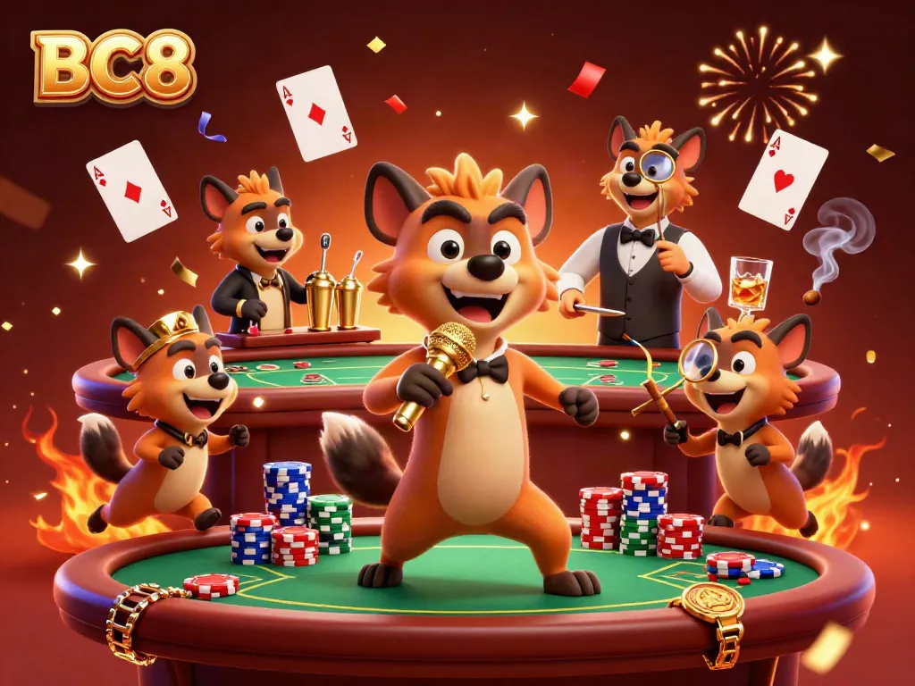 BC8 hyena casino club scene with comedian, bartender, and bouncer amidst poker action.