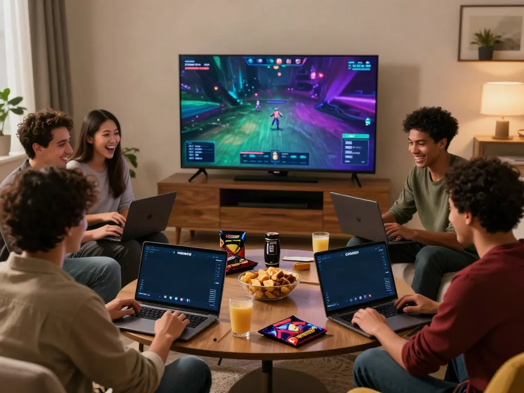 Friends enjoying ORION88 gaming night with snacks and excitement.