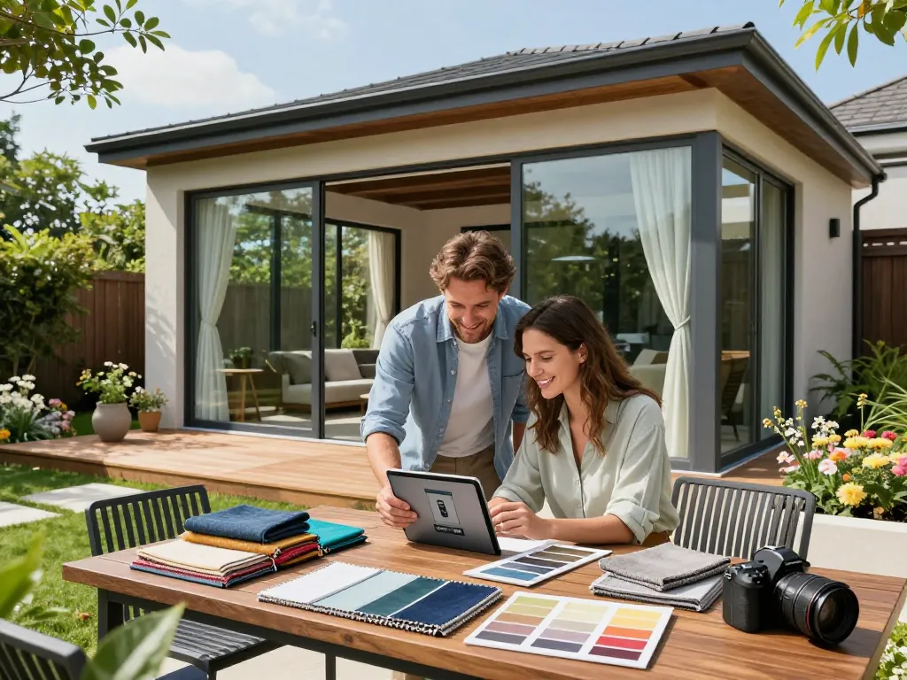 Couple using a veranda configurator app on a tablet to customize their dream outdoor space with stunning features.