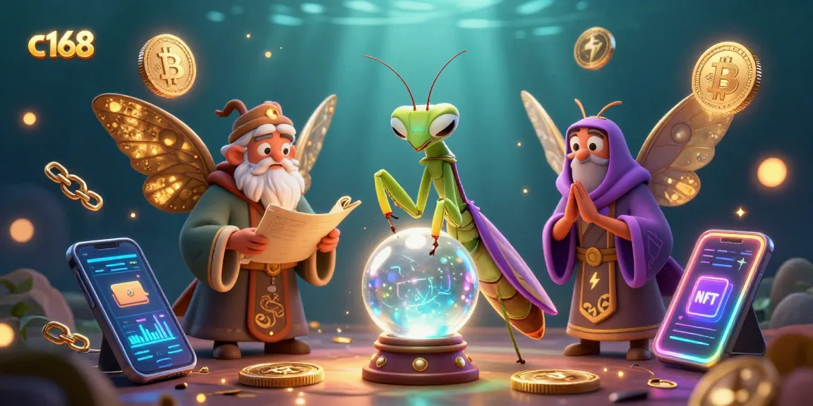 Win big at c168 with a vibrant 3D scene featuring a mystical fortune teller and vibrant crypto elements.