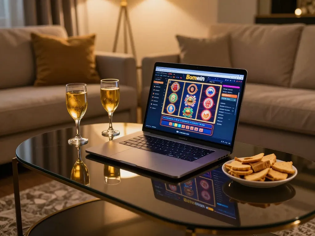 Play thrilling Bomwin slot games on a sleek laptop in a cozy home gaming setup.