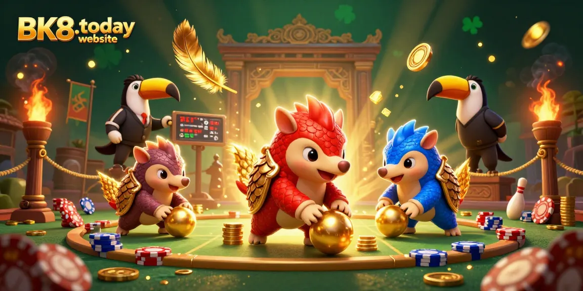 Engage in exciting challenges at BK8.today website with dynamic pangolins in a vibrant casino-themed scene.