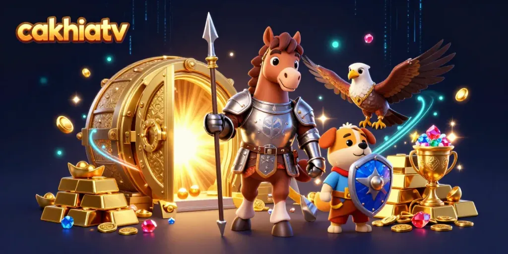 Cakhiatv’s immersive gaming adventure with a knight, puppy, and falcon amidst golden treasures.