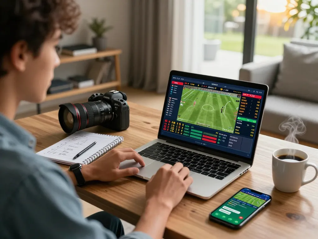 Engaged bettor analyzing kèo nhà cái with live stats and odds in a modern living room.
