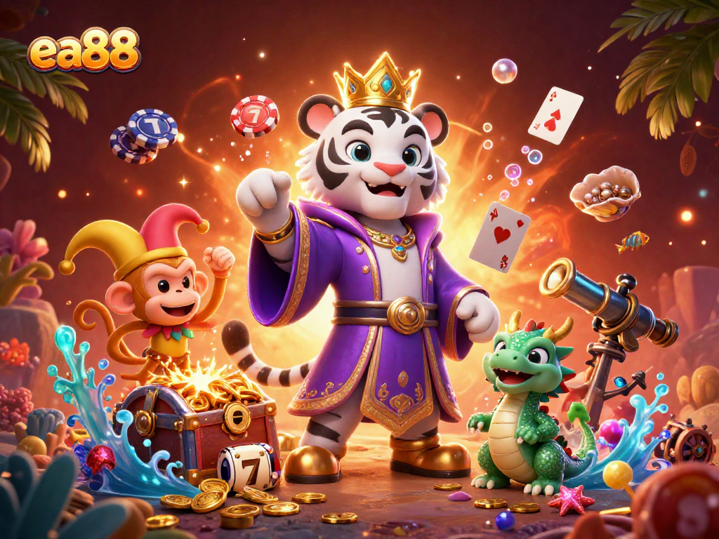 ea88 brings excitement with a lively tiger, monkey, and dragon amidst a colorful casino adventure.