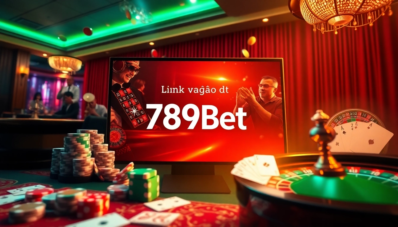 Engaging gamblers with Link vào 789Bet uy tín highlighted on a rich casino interface, surrounded by poker chips and dice.