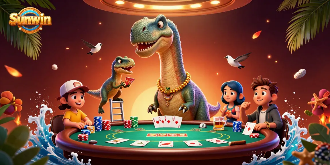 Engage with Sunwin's thrilling poker experience amidst a whimsical dinosaur-themed casino.