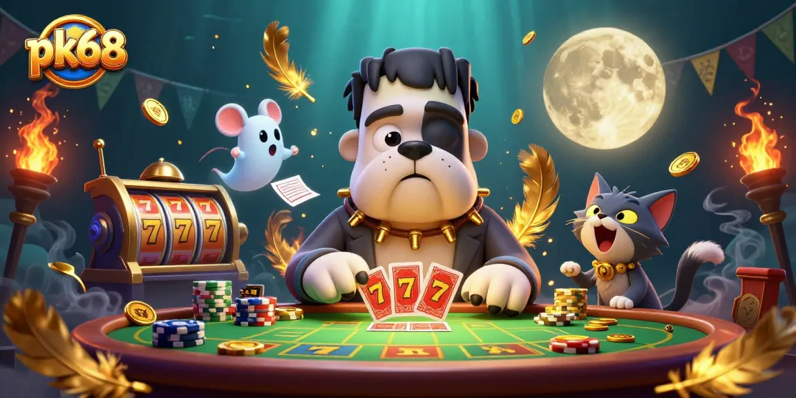 Join the thrill at pk68 with a vibrant 3D illustration of a Frankenstein bulldog dealer amidst swirling golden gambling elements.