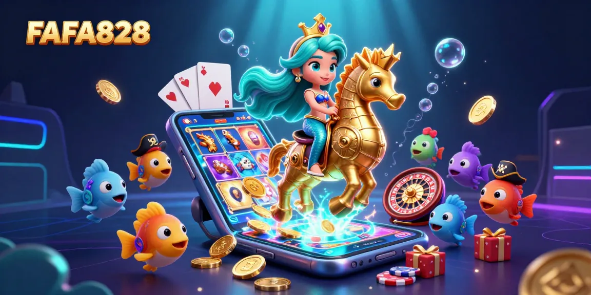 Engage with FAFA828's vibrant gaming world featuring casino elements and a mermaid princess.