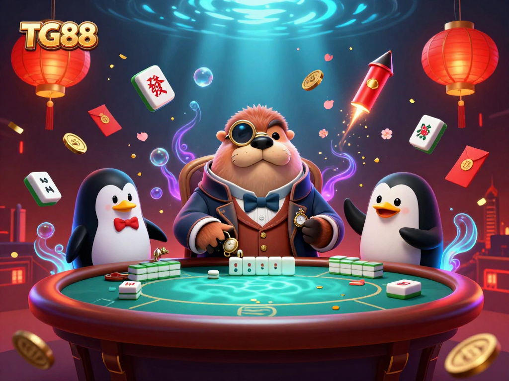 TG88 features a jolly walrus and friends bluffing at an underwater poker table amid festive gaming elements.