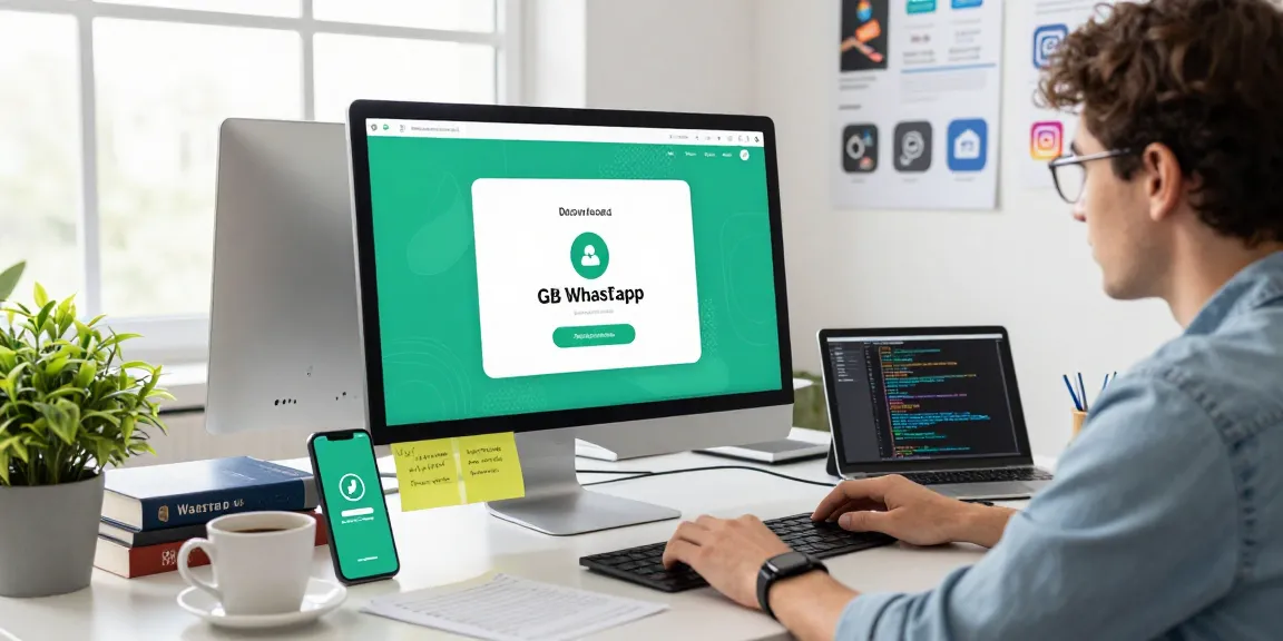 Developer showcasing GB WhatsApp download interface in a modern tech workspace.