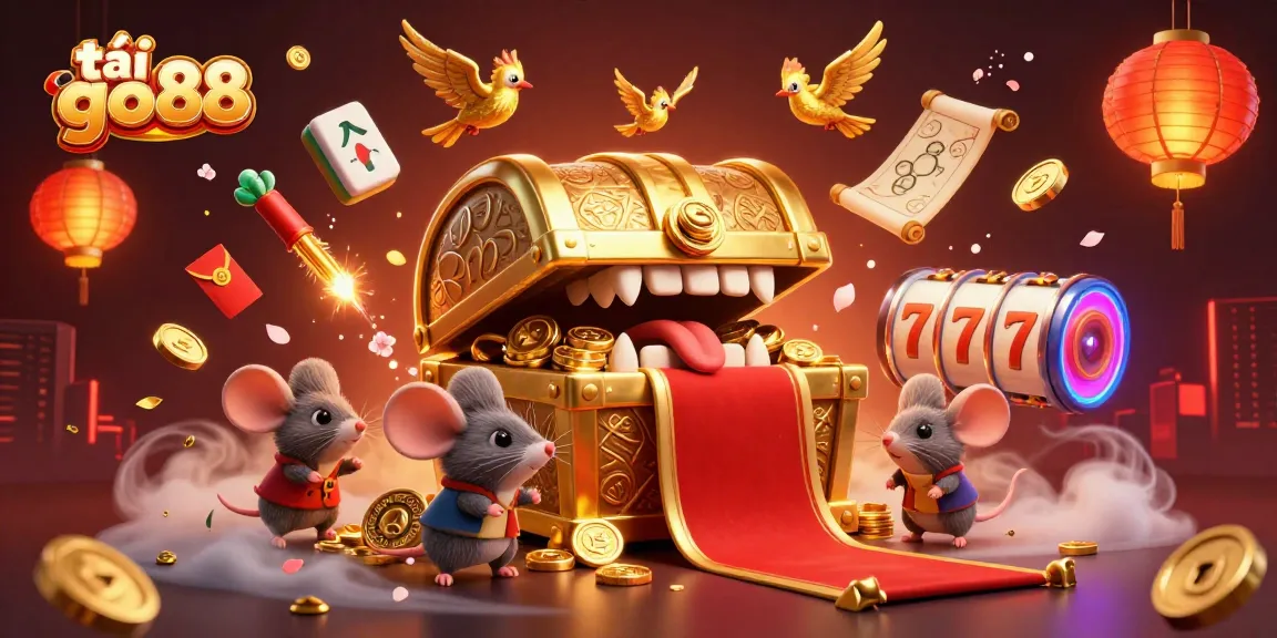 Spin to win with tải go88 as the vibrant treasure chest and mice create an exciting casino scene.