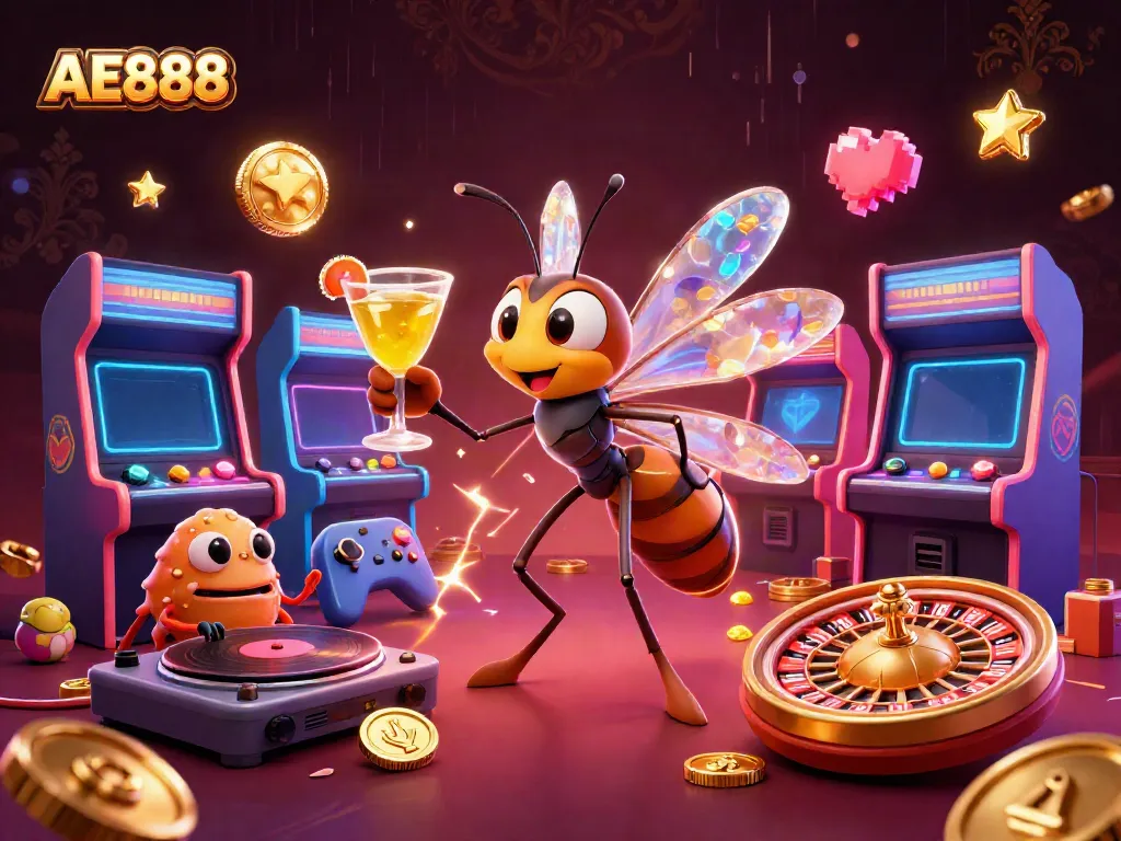 Experience AE888 with a vibrant 3D illustration of casino elements and characters in action, embodying online gaming.