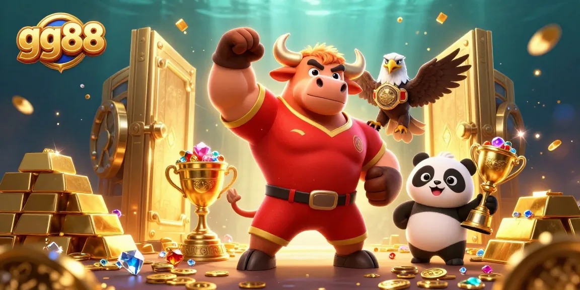 Win big with gg88 at this vibrant online casino showcasing a bull mascot celebrating with exciting prizes.