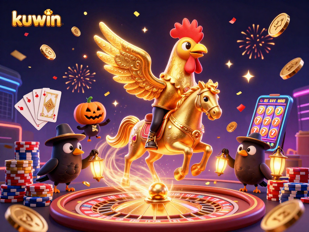 Kuwin players enjoy thrilling 3D casino adventures, featuring golden rooster and crow lanterns.