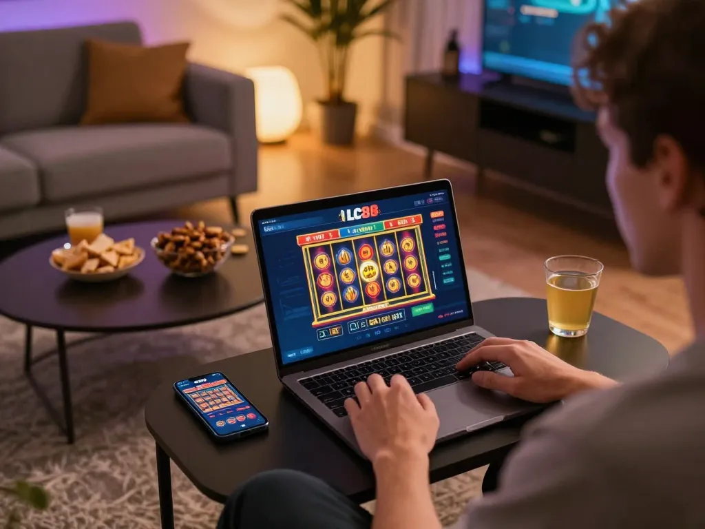 Player enjoying LC88 online slots on laptop with engaging animated interface in a cozy gaming setup