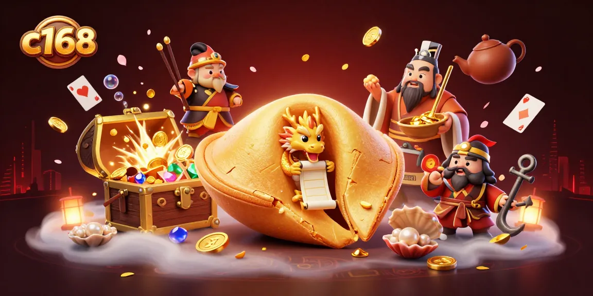 Spin and win at c168 with a lively scene featuring golden fortune cookies and treasure!